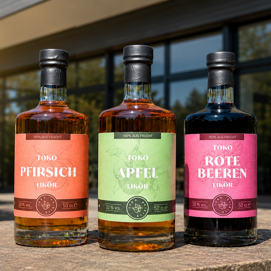 3 Flaschen Toko  Likör auf einem Steintisch im Freien vor einer modernen Glasfassade im Sonnenlicht, 100 % aus Frucht, 20 % vol., 50 cl, Rote Beeren, Pfirsich, Apfel