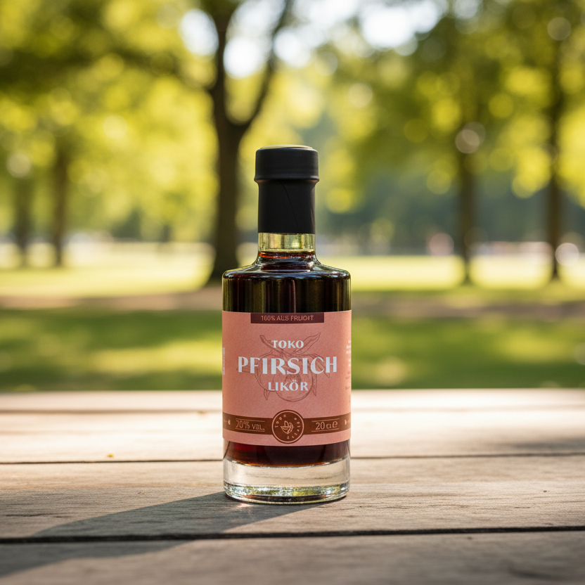 Eine Produktaufnahme einer 20cl-Glasflasche mit „TOKO Pfirsich Likör“ Aufschrift, die auf einem Holztisch im Freien steht. Die Flasche hat einen schwarzen Verschluss und ist mit einer bernsteinfarbenen Flüssigkeit gefüllt. Das hellgrüne Etikett zeigt eine feine Apfel-Illustration und trägt die Aufschrift „100% aus Frucht“ sowie „20% Vol.“.