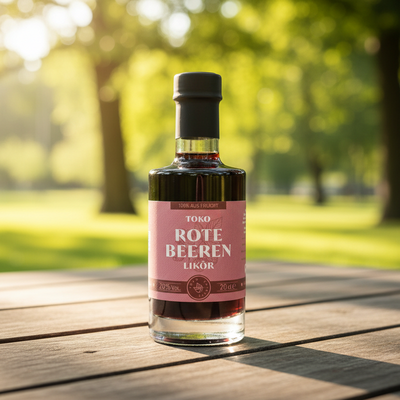 Eine freigestellte Produktaufnahme einer 20cl-Glasflasche mit „TOKO Rote Beeren Likör“ Aufschrift, die auf einem Holztisch im Freien steht. Die Flasche hat einen schwarzen Verschluss und ist mit einer intensiven, tiefroten Flüssigkeit gefüllt. Das weinrote Etikett zeigt eine feine Illustration verschiedener Waldbeeren und trägt die Aufschrift „100% aus Frucht“ sowie „20% Vol.“.