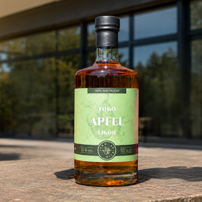 Flasche Toko Rote Apfel auf einem Steintisch im Freien vor einer modernen Glasfassade im Sonnenlicht, 100 % aus Frucht, 20 % vol., 50 cl