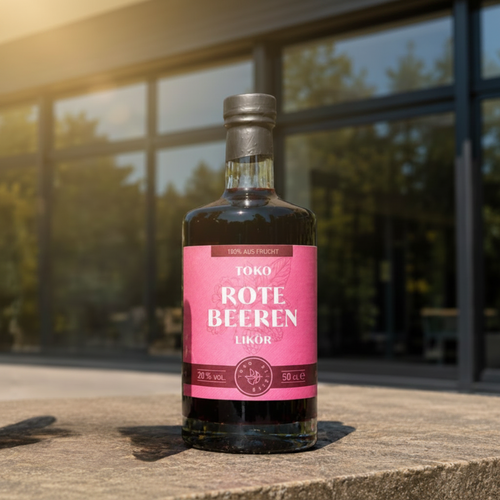 Flasche Toko Rote Beeren Likör auf einem Steintisch im Freien vor einer modernen Glasfassade im Sonnenlicht, 100 % aus Frucht, 20 % vol., 50 cl
