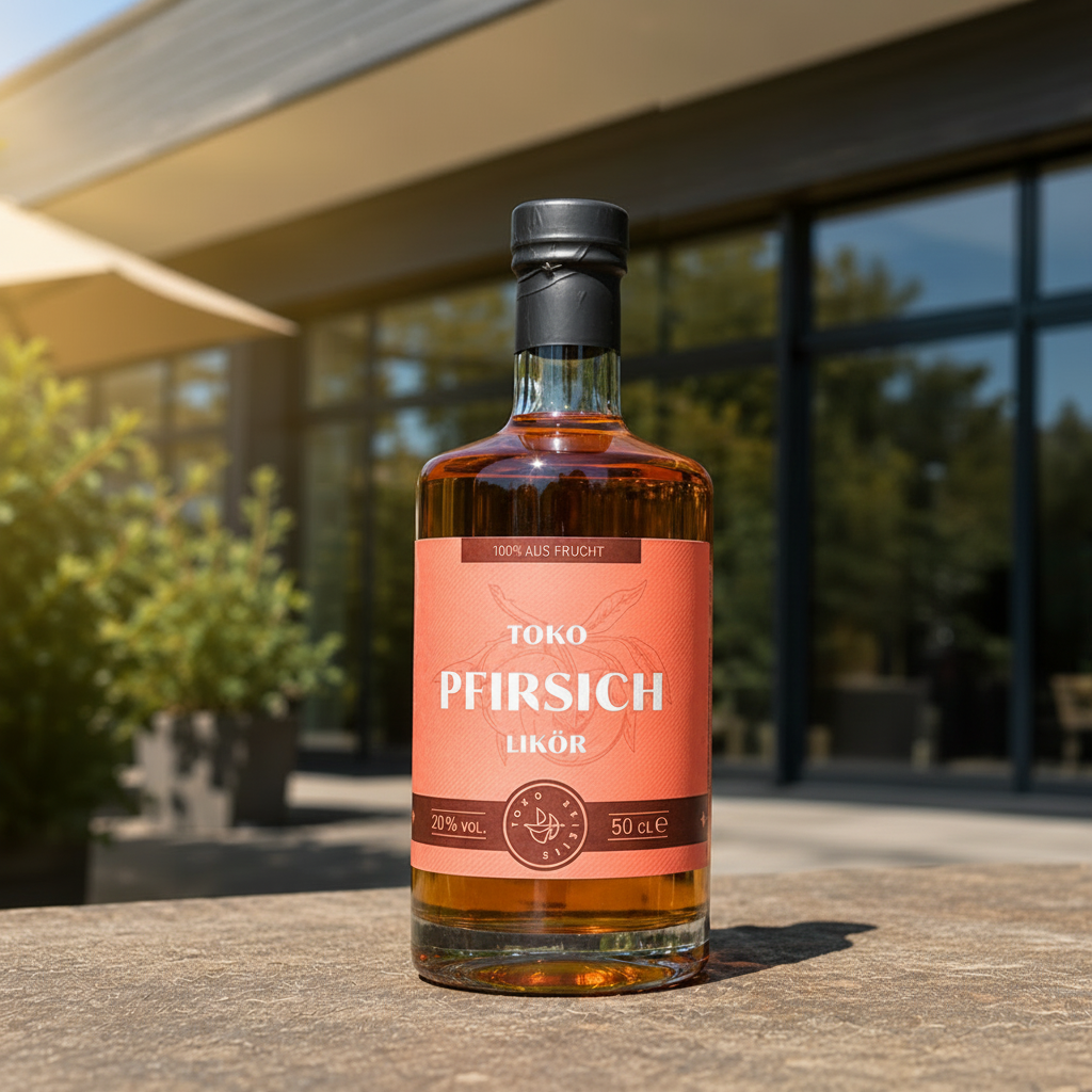 Flasche Toko Pfirsich Likör auf einem Steintisch im Freien vor einer modernen Glasfassade im Sonnenlicht, 100 % aus Frucht, 20 % vol., 50 cl